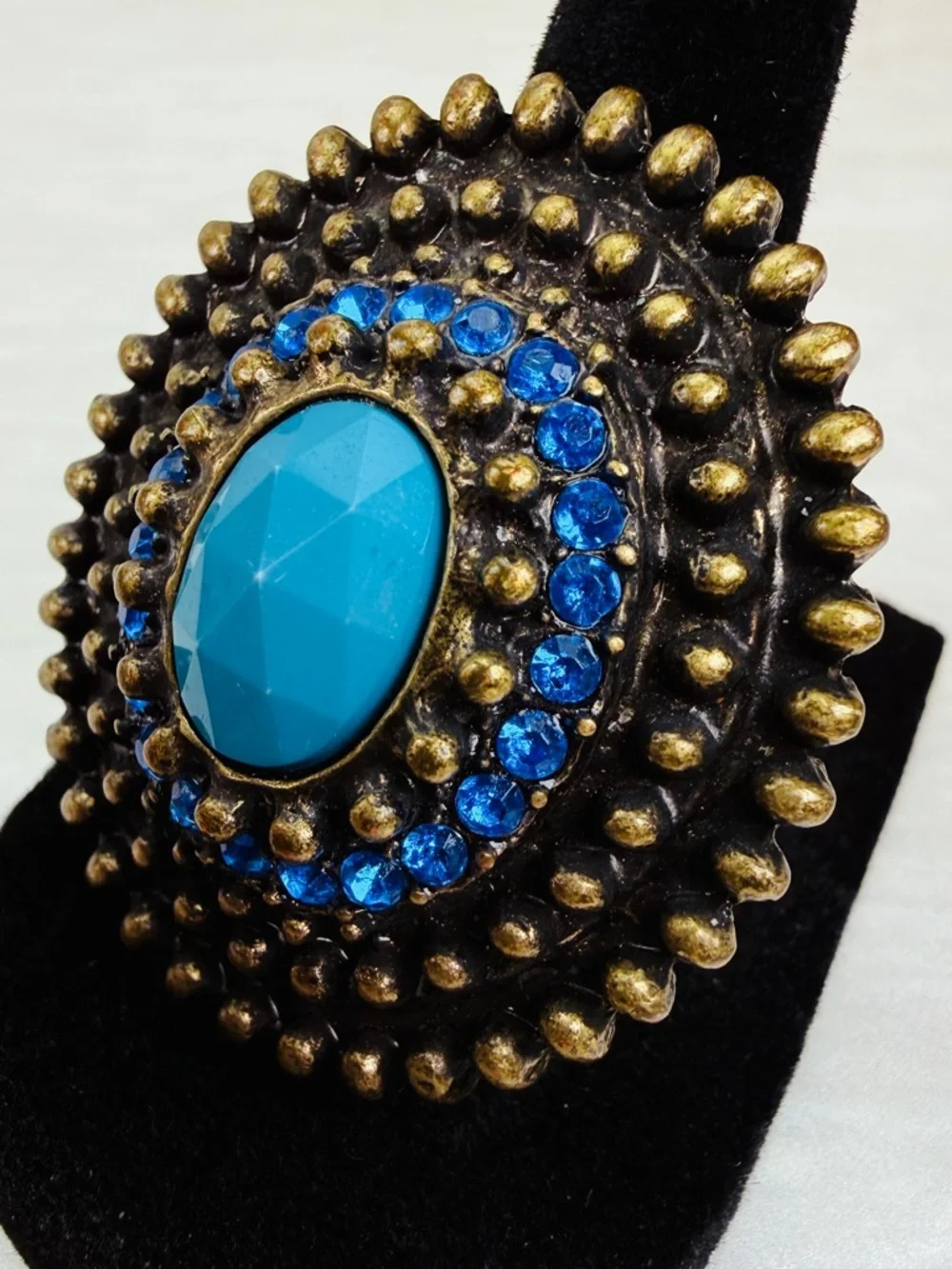 Pretty bohemian chic, blue bling, large statement, 5 1/2 adjustable ring